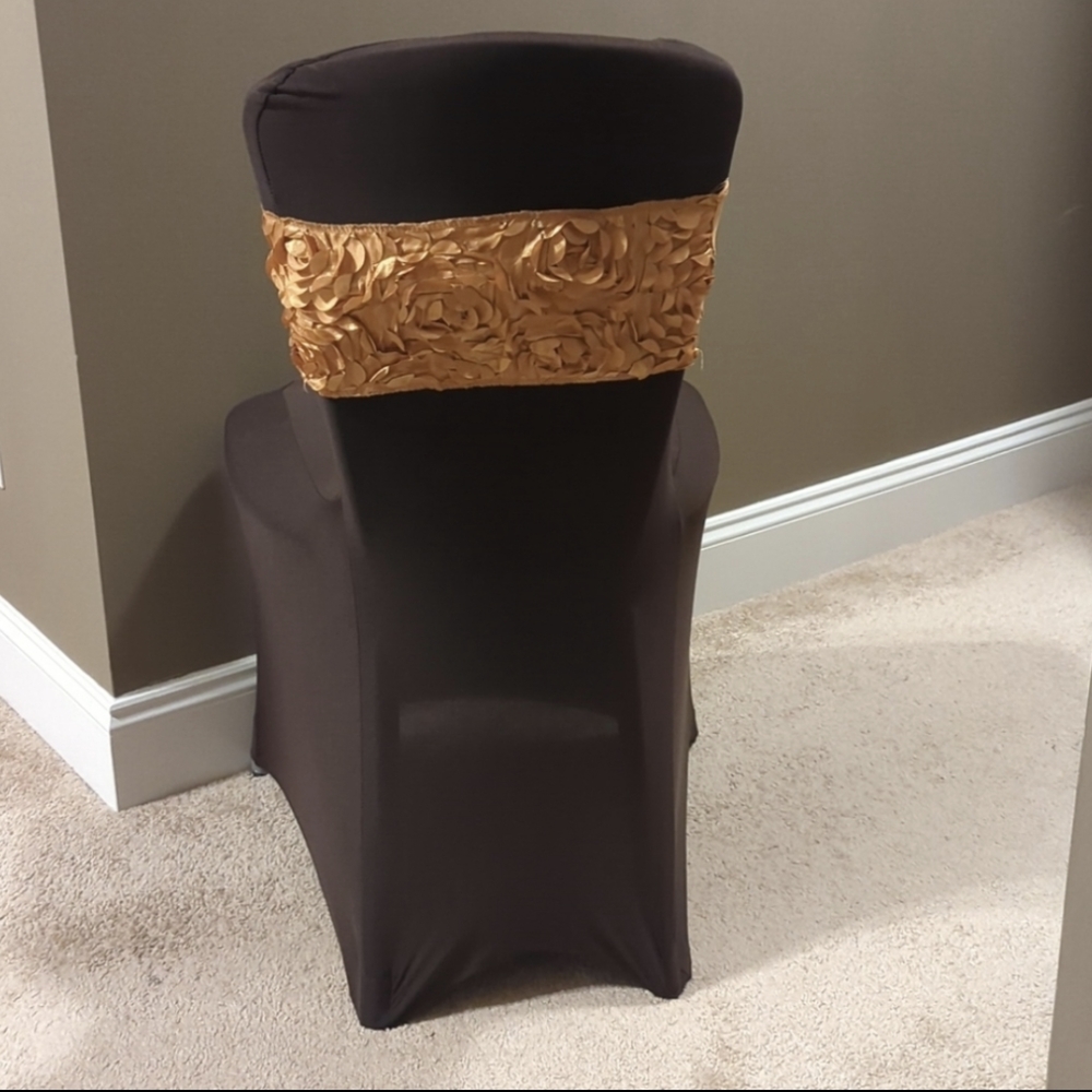 Polyester Stretch Spandex Banquet Chair Covers Chocolate Brown with Golden Sash